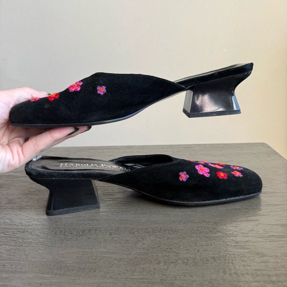 Vintage Embroidered Kitten Heels Mules Harold Powell Leather Suede Block Heels - Picture 6 of 12
